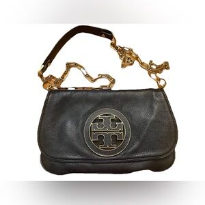 Tory Burch Reva Black Leather Gold Accent Chain Strap Crossbody Clutch Bag